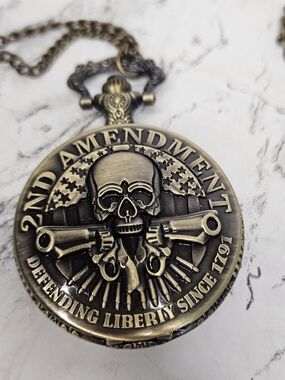 2nd Amendment Brass Pocket Watch — Antique Gold Tone Skull Design
